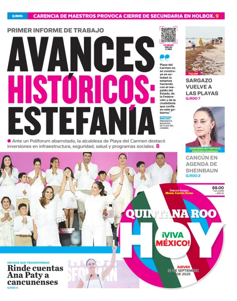 Portada de Quintana Roo Hoy (portada) del jueves, 18 de septiembre de 2025