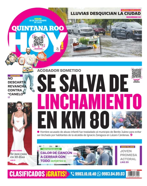 Portada de Quintana Roo Hoy (contraportada) del jueves, 18 de septiembre de 2025