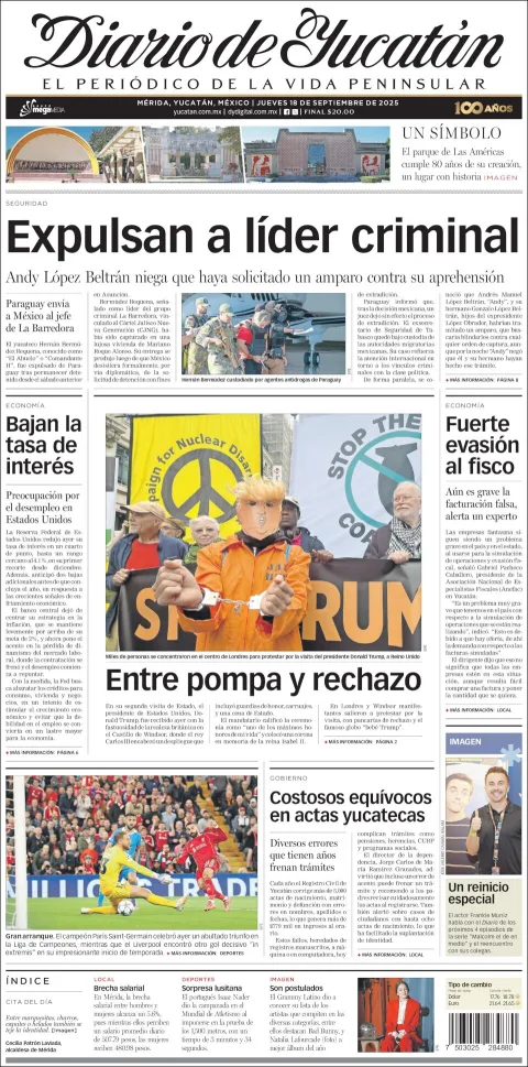 Portada de Diario de Yucatán del jueves, 18 de septiembre de 2025