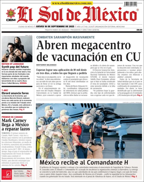 Portada de El Sol de Mexico del jueves, 18 de septiembre de 2025
