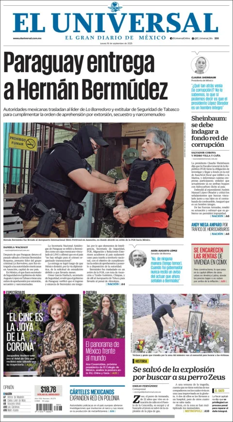 Portada de El Universal del jueves, 18 de septiembre de 2025