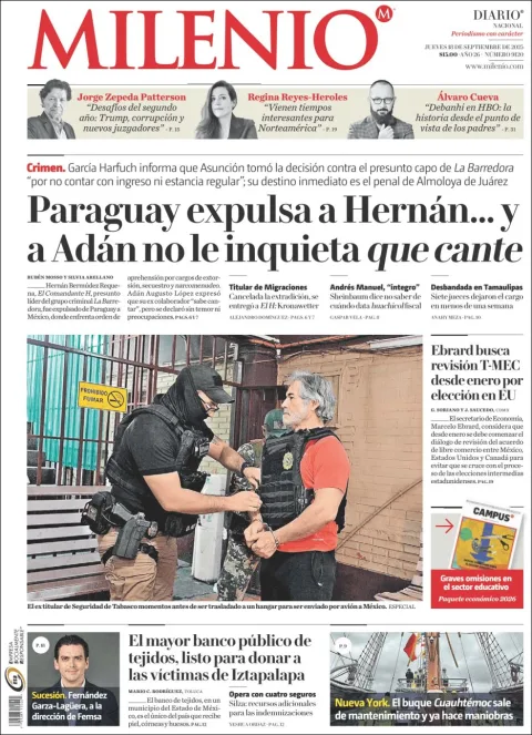 Portada de Milenio del jueves, 18 de septiembre de 2025