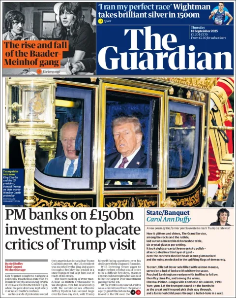 Portada de The Guardian (reino Unido) del jueves, 18 de septiembre de 2025