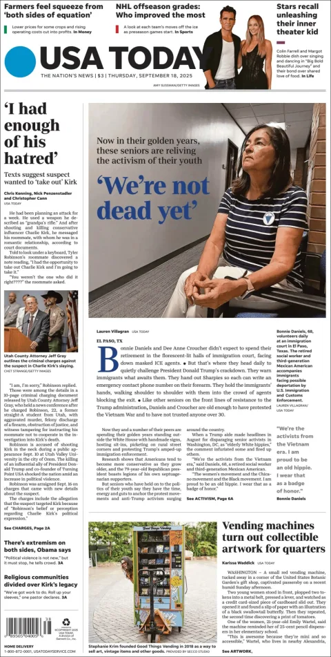 Portada de Usa Today del jueves, 18 de septiembre de 2025