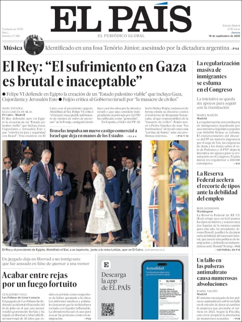 Portada de El Pais del jueves, 18 de septiembre de 2025