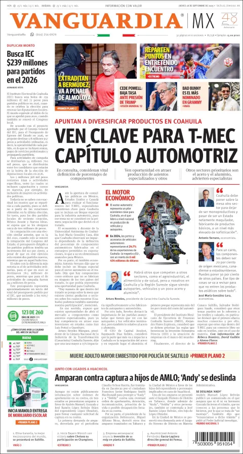 Portada de Vanguardia del jueves, 18 de septiembre de 2025