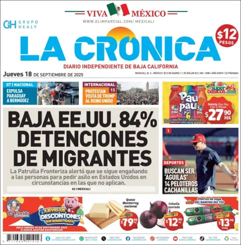Portada de La Cronica del jueves, 18 de septiembre de 2025