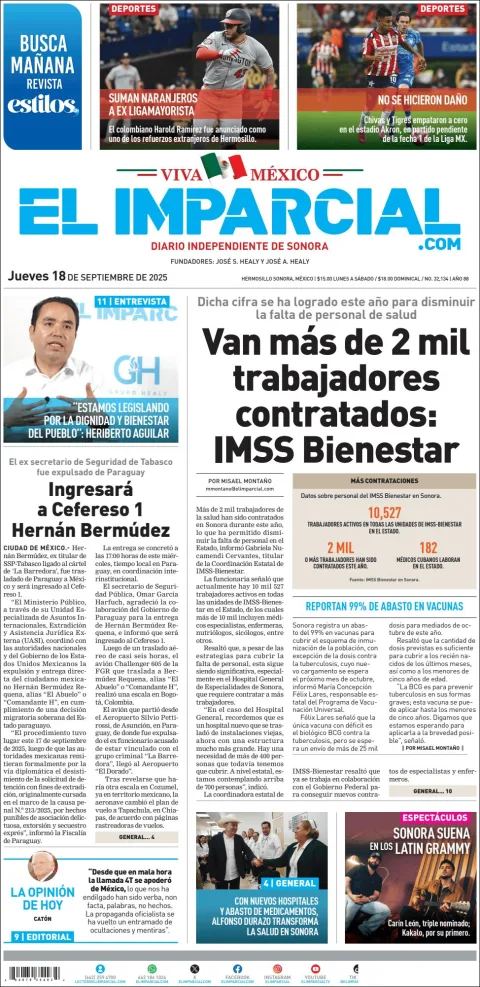 Portada de El Imparcial del jueves, 18 de septiembre de 2025