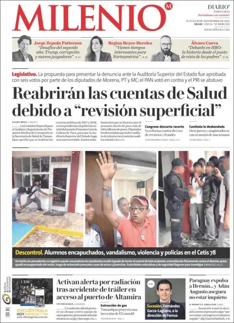 Portada de Milenio Tamaulipas del jueves, 18 de septiembre de 2025