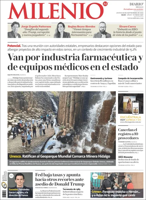 Portada de Milenio Hidalgo del jueves, 18 de septiembre de 2025