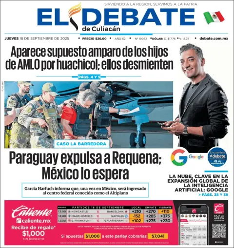 Portada de El Debate de Culiacan del jueves, 18 de septiembre de 2025