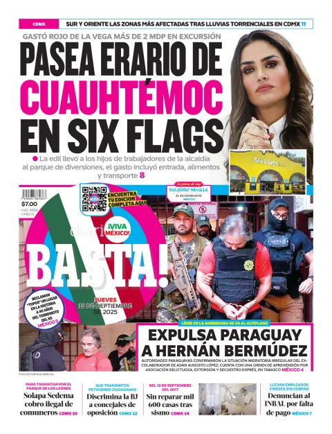 Portada de Basta! (portada) del jueves, 18 de septiembre de 2025