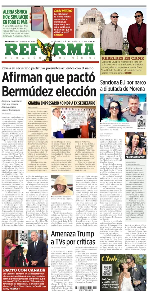 Portada de Reforma del viernes, 19 de septiembre de 2025