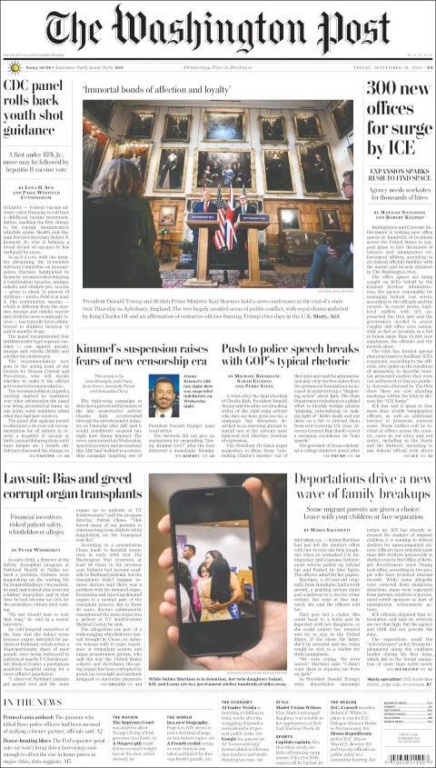 Portada de The Washington Post del viernes, 19 de septiembre de 2025