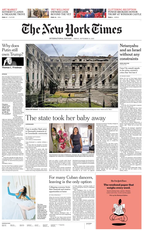 Portada de The New York Times (international) del viernes, 19 de septiembre de 2025