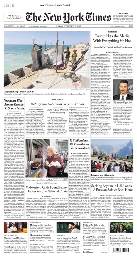 Portada de The New York Times (national) del viernes, 19 de septiembre de 2025