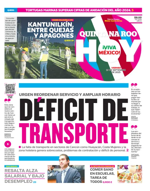 Portada de Quintana Roo Hoy (portada) del viernes, 19 de septiembre de 2025