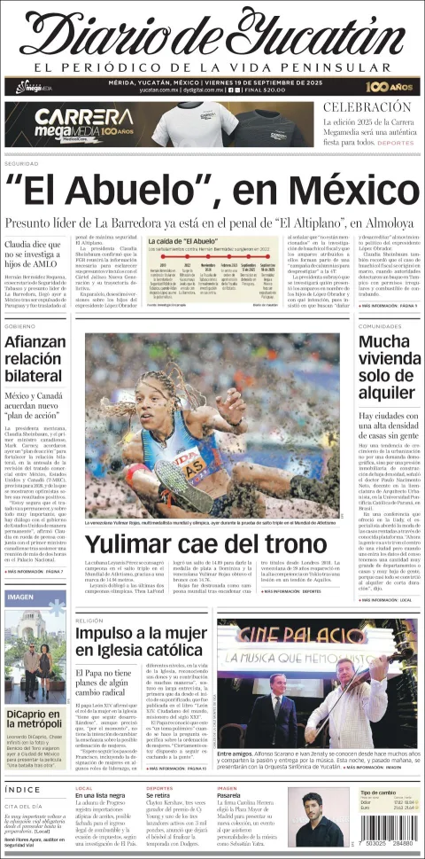 Portada de Diario de Yucatán del viernes, 19 de septiembre de 2025