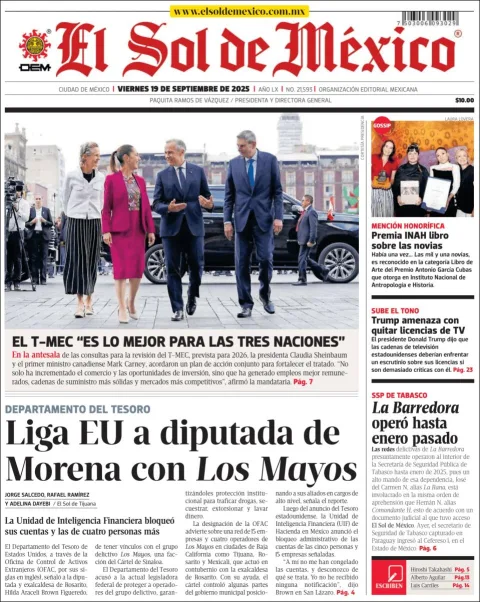 Portada de El Sol de Mexico del viernes, 19 de septiembre de 2025
