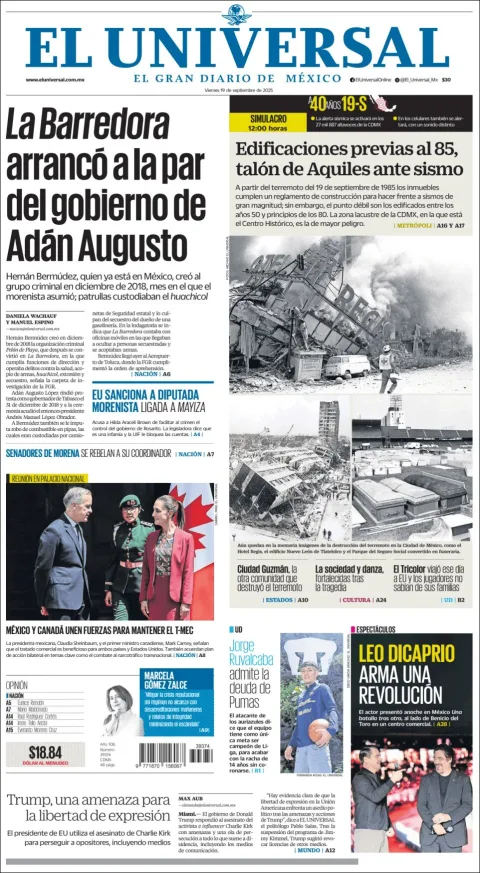 Portada de El Universal del viernes, 19 de septiembre de 2025