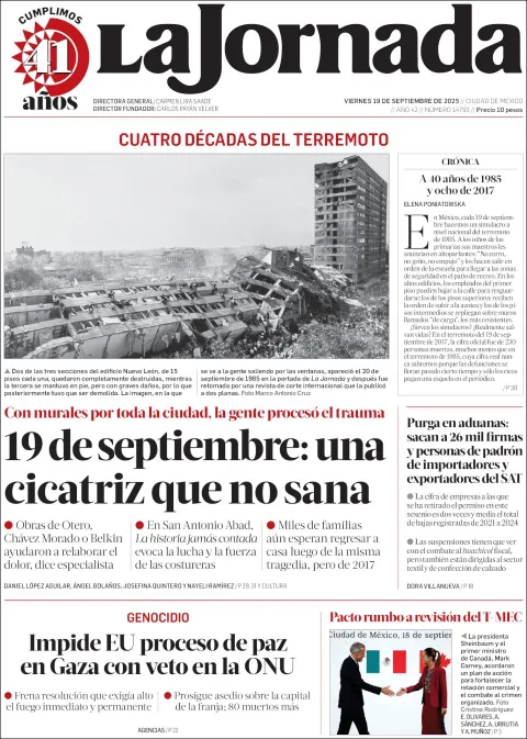 Portada de La Jornada del viernes, 19 de septiembre de 2025