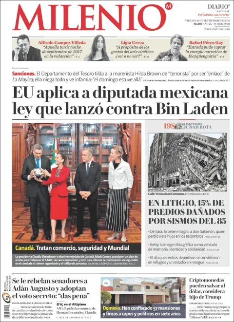 Portada de Milenio del viernes, 19 de septiembre de 2025