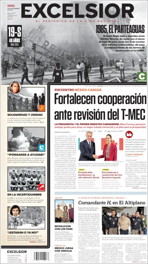 Portada de Excelsior del viernes, 19 de septiembre de 2025