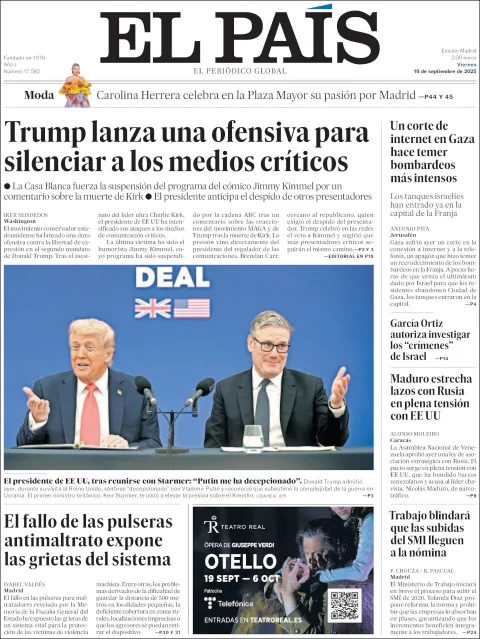 Portada de El Pais del viernes, 19 de septiembre de 2025