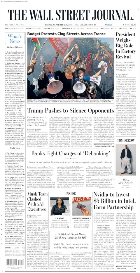 Portada de The Wall Street Journal del viernes, 19 de septiembre de 2025