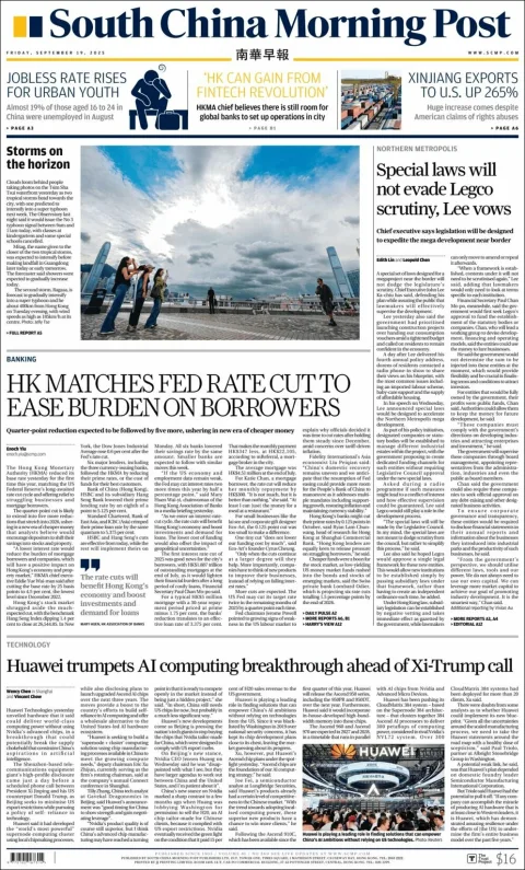 Portada de South China Morning Post del viernes, 19 de septiembre de 2025