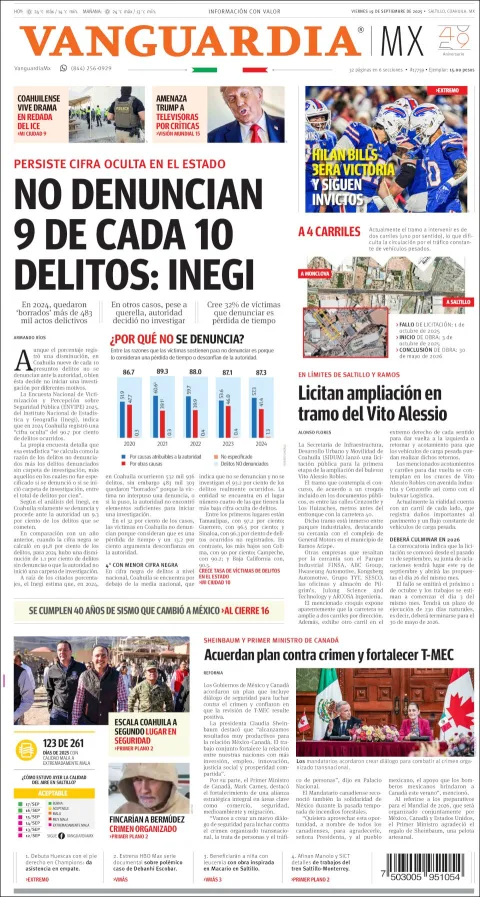 Portada de Vanguardia del viernes, 19 de septiembre de 2025