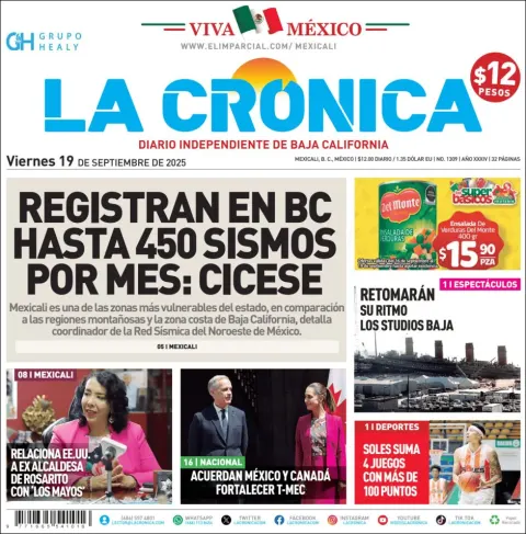 Portada de La Cronica del viernes, 19 de septiembre de 2025