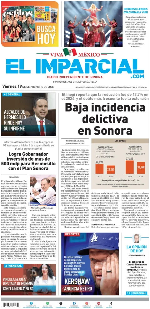 Portada de El Imparcial del viernes, 19 de septiembre de 2025