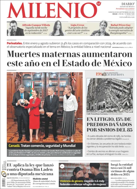 Portada de Milenio Edo de Mexico del viernes, 19 de septiembre de 2025