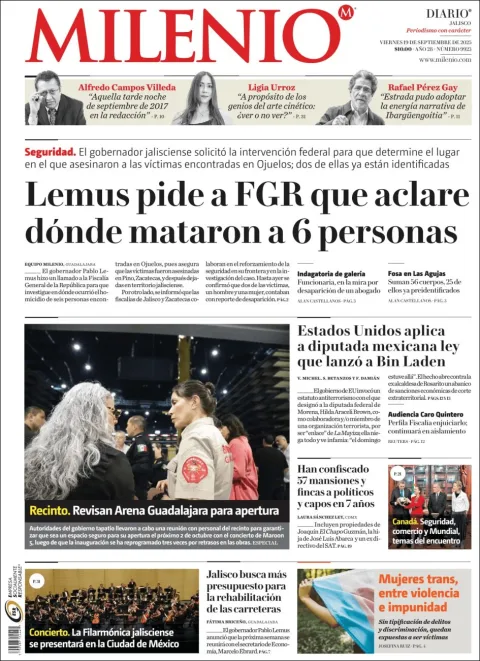 Portada de Milenio Jalisco del viernes, 19 de septiembre de 2025