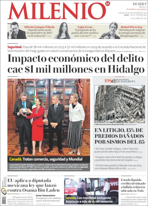 Portada de Milenio Hidalgo del viernes, 19 de septiembre de 2025