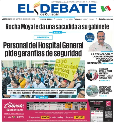 Portada de El Debate de Culiacan del viernes, 19 de septiembre de 2025