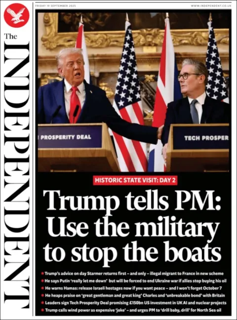 Portada de The Independent del viernes, 19 de septiembre de 2025