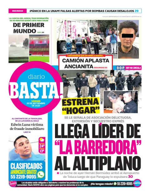 Portada de Basta! (contraportada ) del viernes, 19 de septiembre de 2025