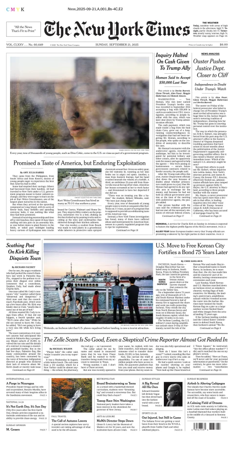 Portada de The New York Times (new York) del domingo, 21 de septiembre de 2025