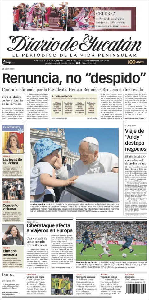 Portada de Diario de Yucatán del domingo, 21 de septiembre de 2025