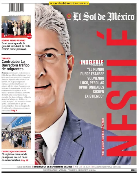 Portada de El Sol de Mexico del domingo, 21 de septiembre de 2025