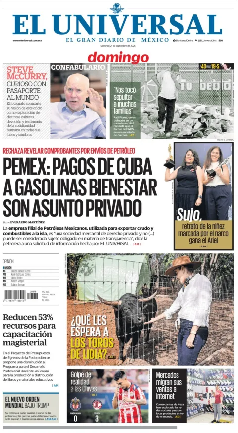 Portada de El Universal del domingo, 21 de septiembre de 2025
