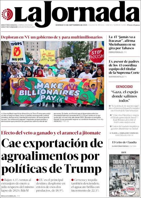 Portada de La Jornada del domingo, 21 de septiembre de 2025