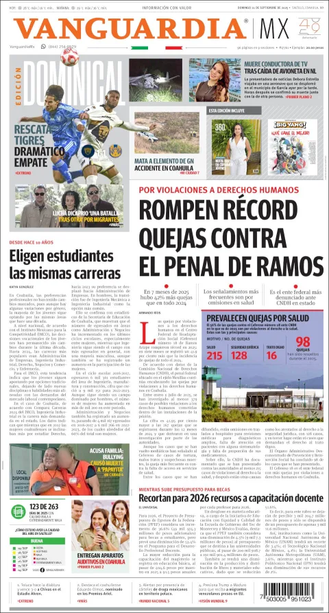Portada de Vanguardia del domingo, 21 de septiembre de 2025