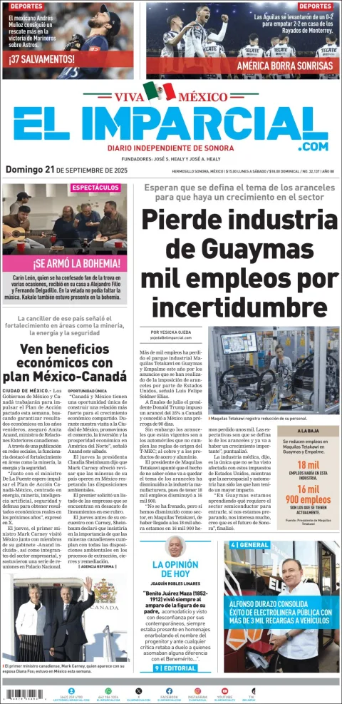 Portada de El Imparcial del domingo, 21 de septiembre de 2025