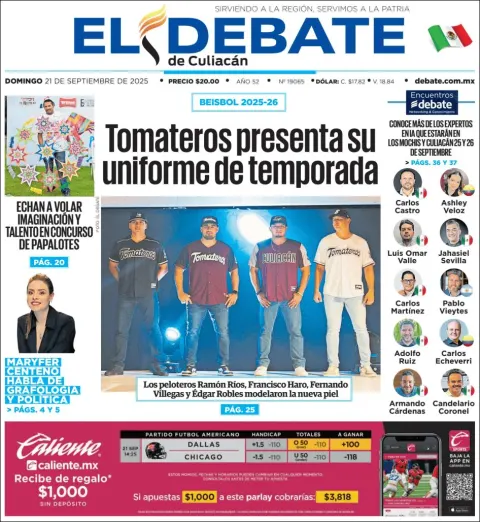 Portada de El Debate de Culiacan del domingo, 21 de septiembre de 2025