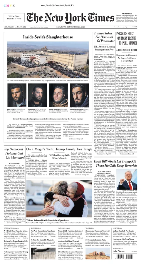 Portada de The New York Times (national) del sábado, 20 de septiembre de 2025