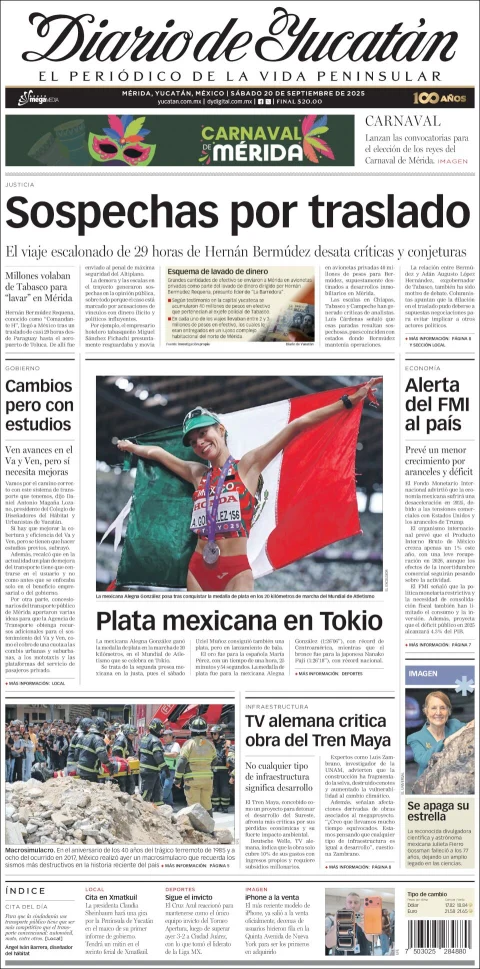 Portada de Diario de Yucatán del sábado, 20 de septiembre de 2025