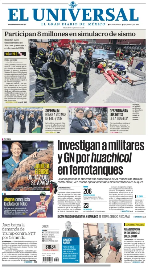 Portada de El Universal del sábado, 20 de septiembre de 2025